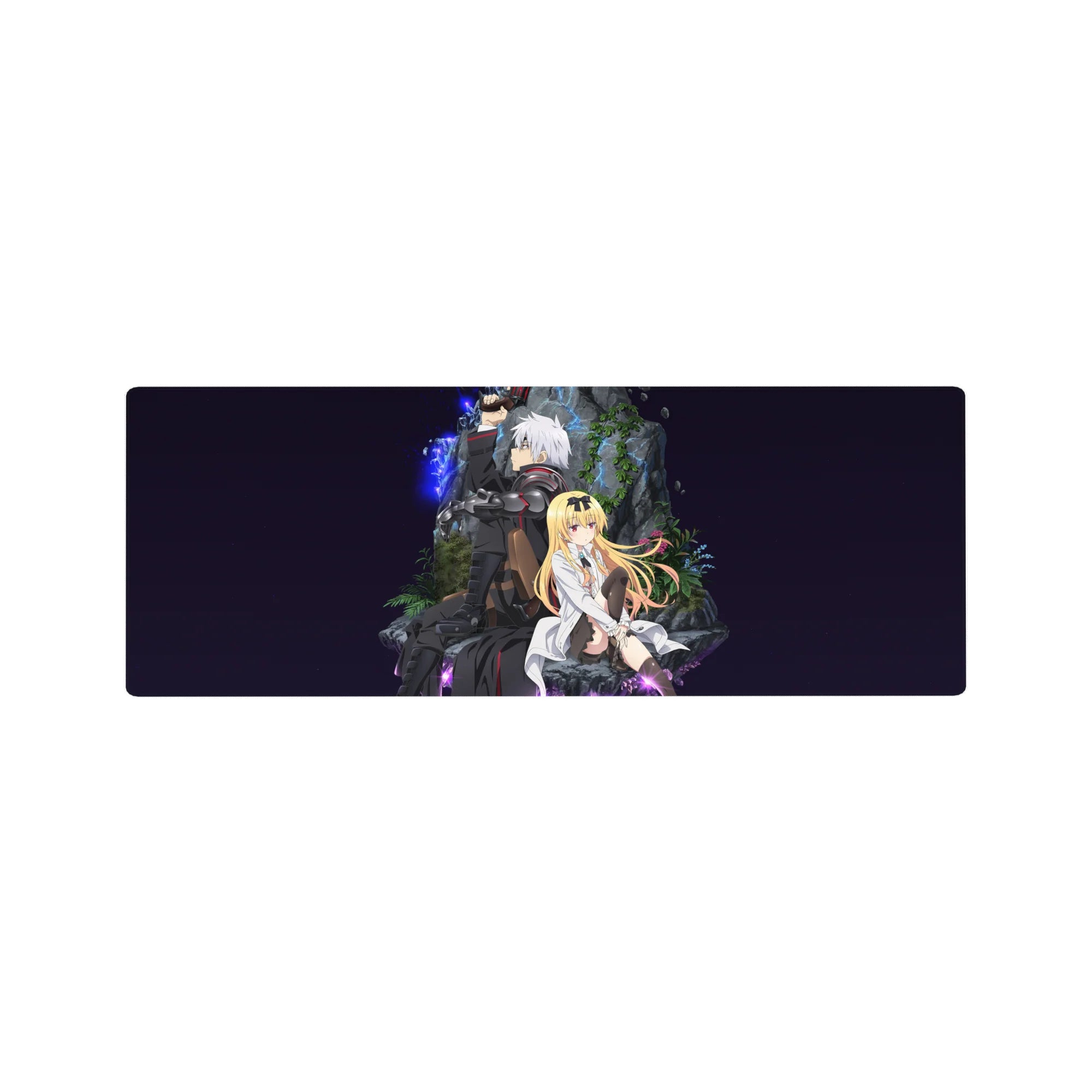 32x12 inches anime mouse pad with armored silver-haired fighter and lab-coat girl in neon space hideout.