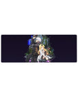 32x12 inches anime mouse pad with armored silver-haired fighter and lab-coat girl in neon space hideout.