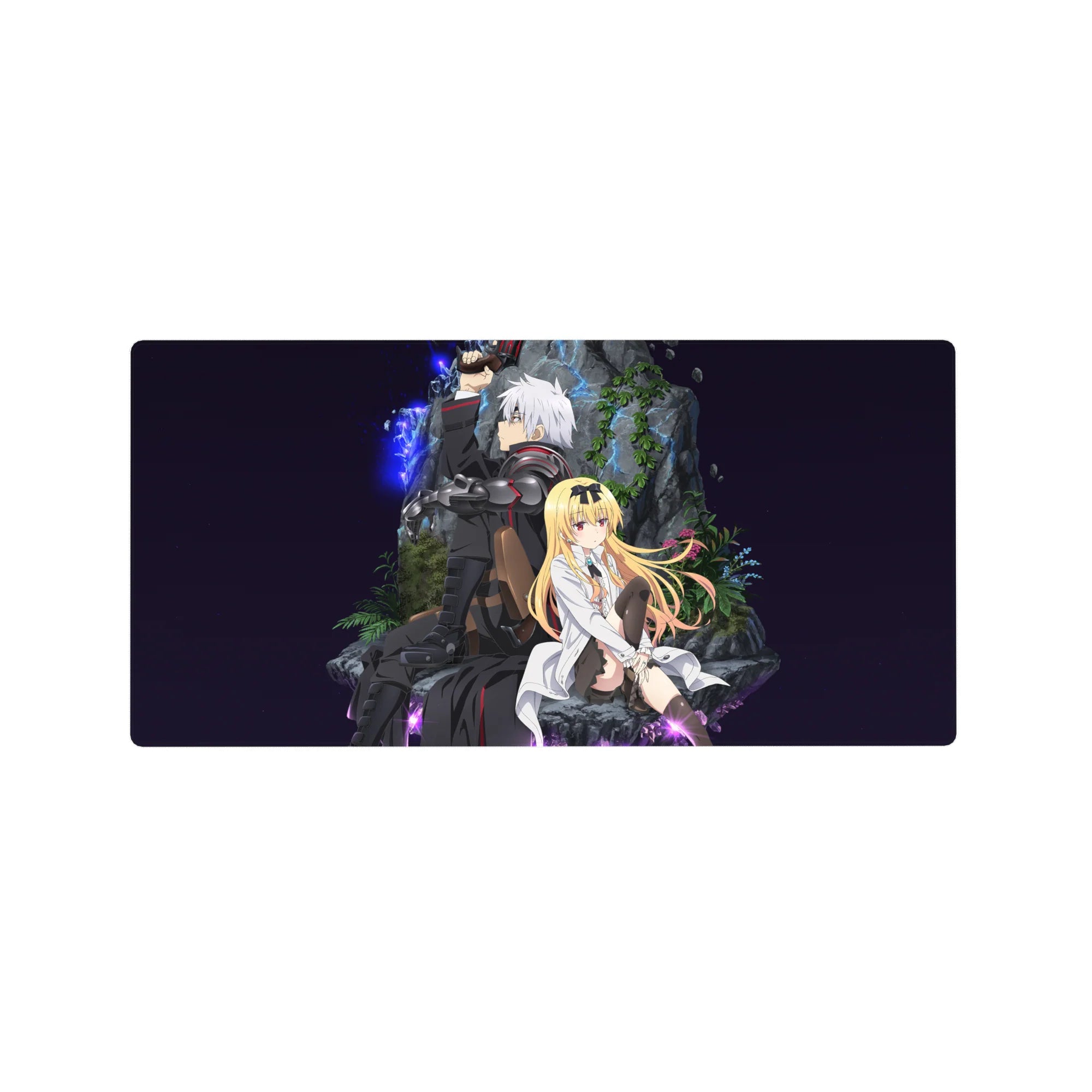 32x16 inches anime mouse pad with armored silver-haired fighter and lab-coat girl in a mossy hideout.
