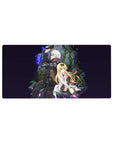 32x16 inches anime mouse pad with armored silver-haired fighter and lab-coat girl in a mossy hideout.