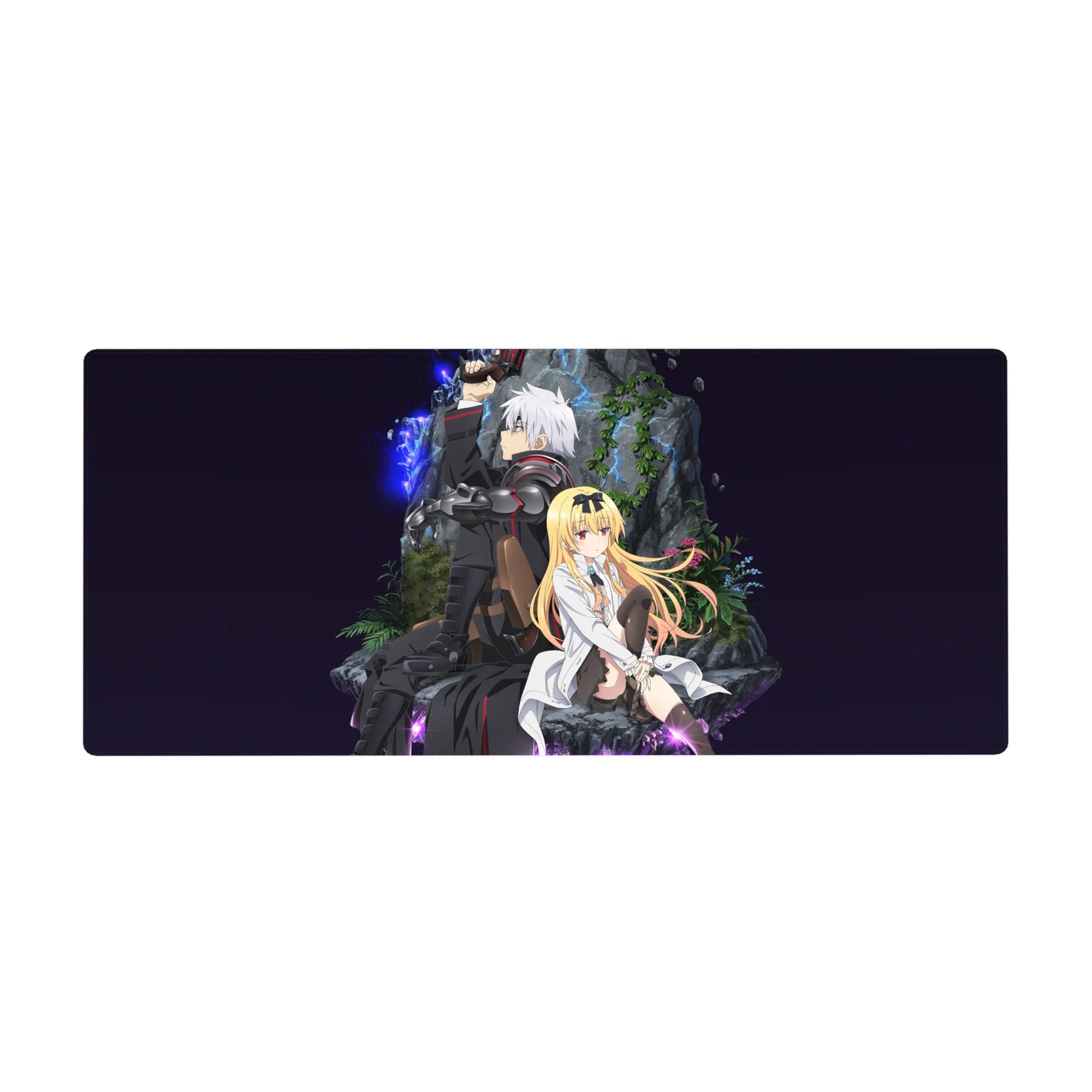 36x16 inches anime desk pad with armored silver-haired fighter and lab-coat girl in a hidden rocky nook.