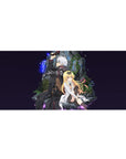 36x16 inches anime desk pad with armored silver-haired fighter and lab-coat girl in a hidden rocky nook.