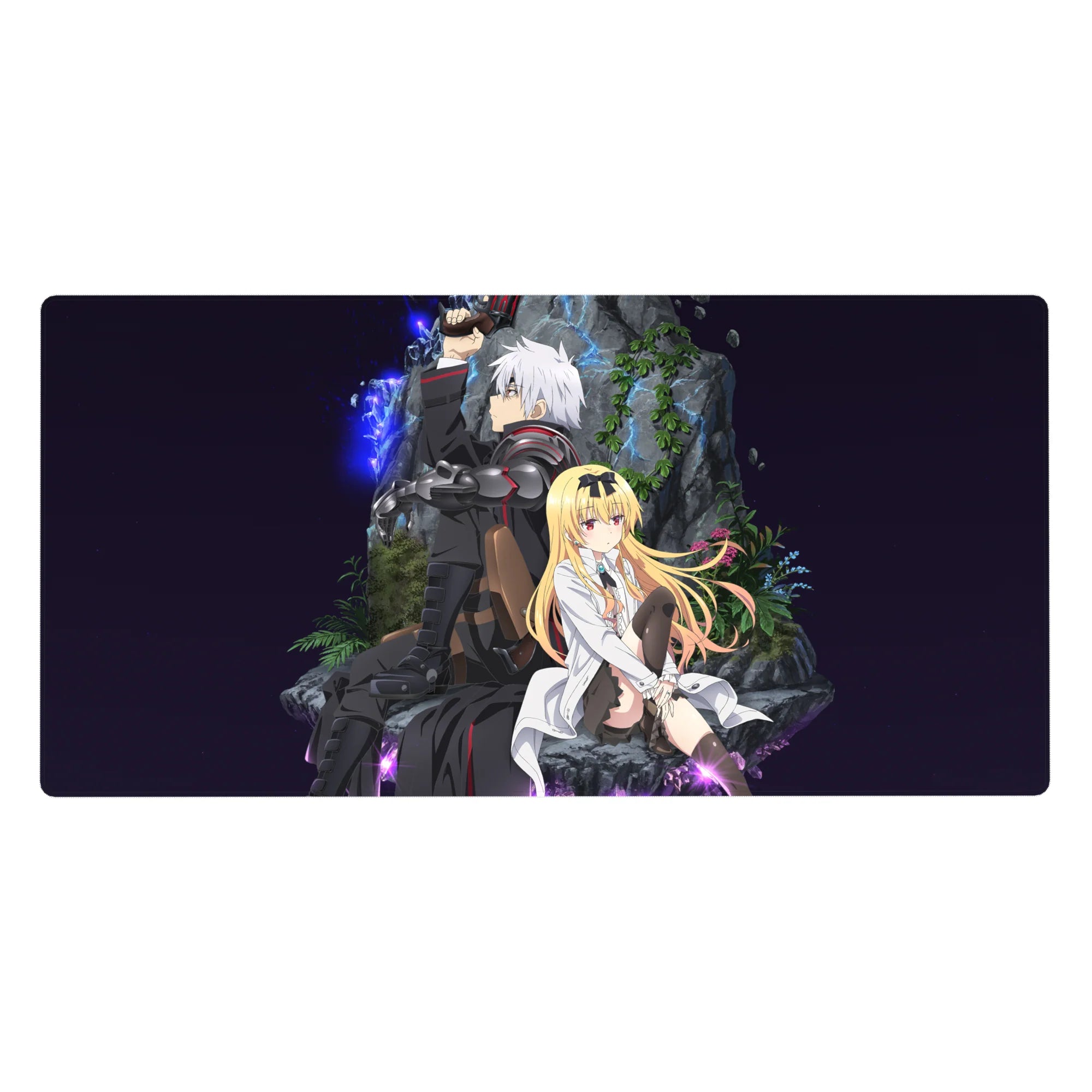 Anime desk pad 40x20 inches with armored fighter and lab-coat girl in a neon space hideout scene.