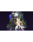 Anime desk pad 40x20 inches with armored fighter and lab-coat girl in a neon space hideout scene.