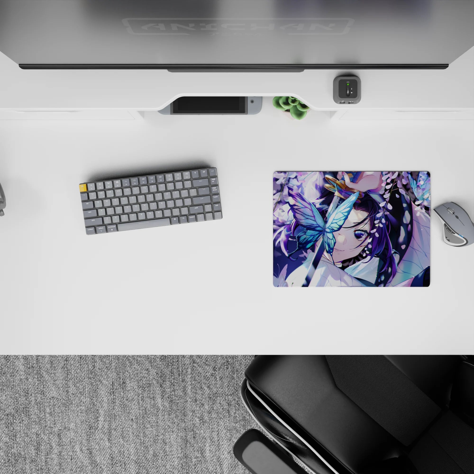 Shinobu Kocho Demon Slayer anime mouse pad, 14x10 inches, featuring glowing butterflies and wisteria in soft purples and blues.