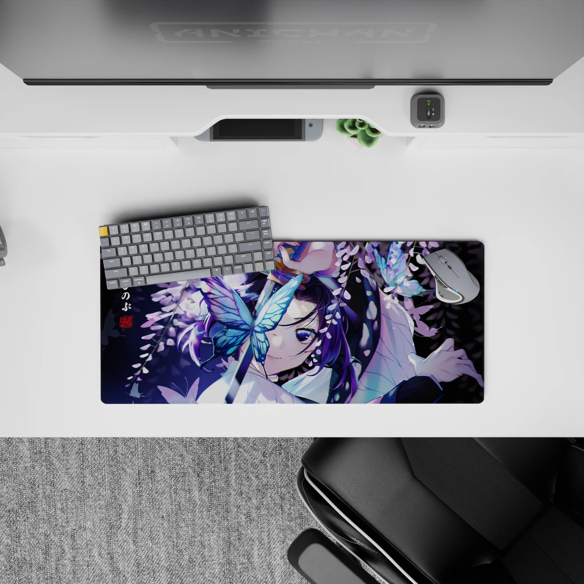 Anime mouse pad 28x12 inches featuring Shinobu Kocho from Demon Slayer, surrounded by glowing butterflies and wisteria.