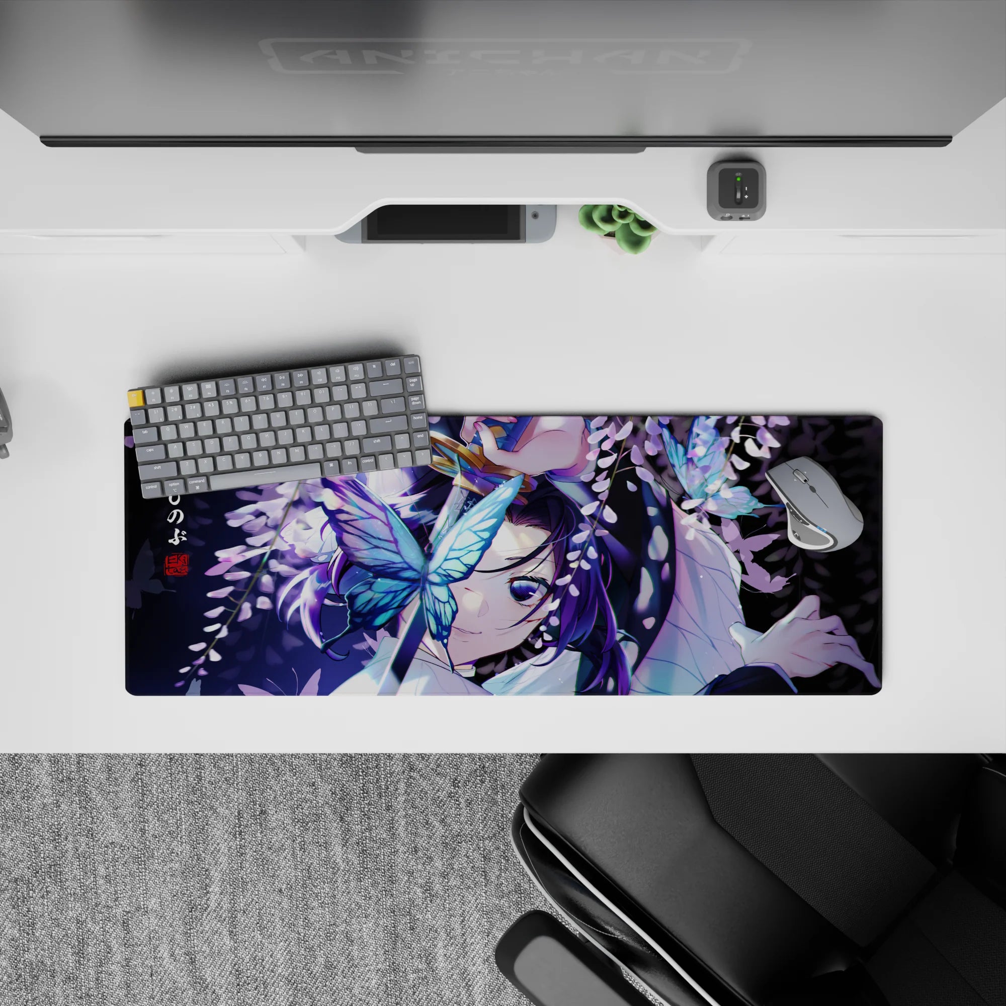 Anime mouse pad 32x12 inches featuring Shinobu Kocho from Demon Slayer with glowing butterflies and wisteria.