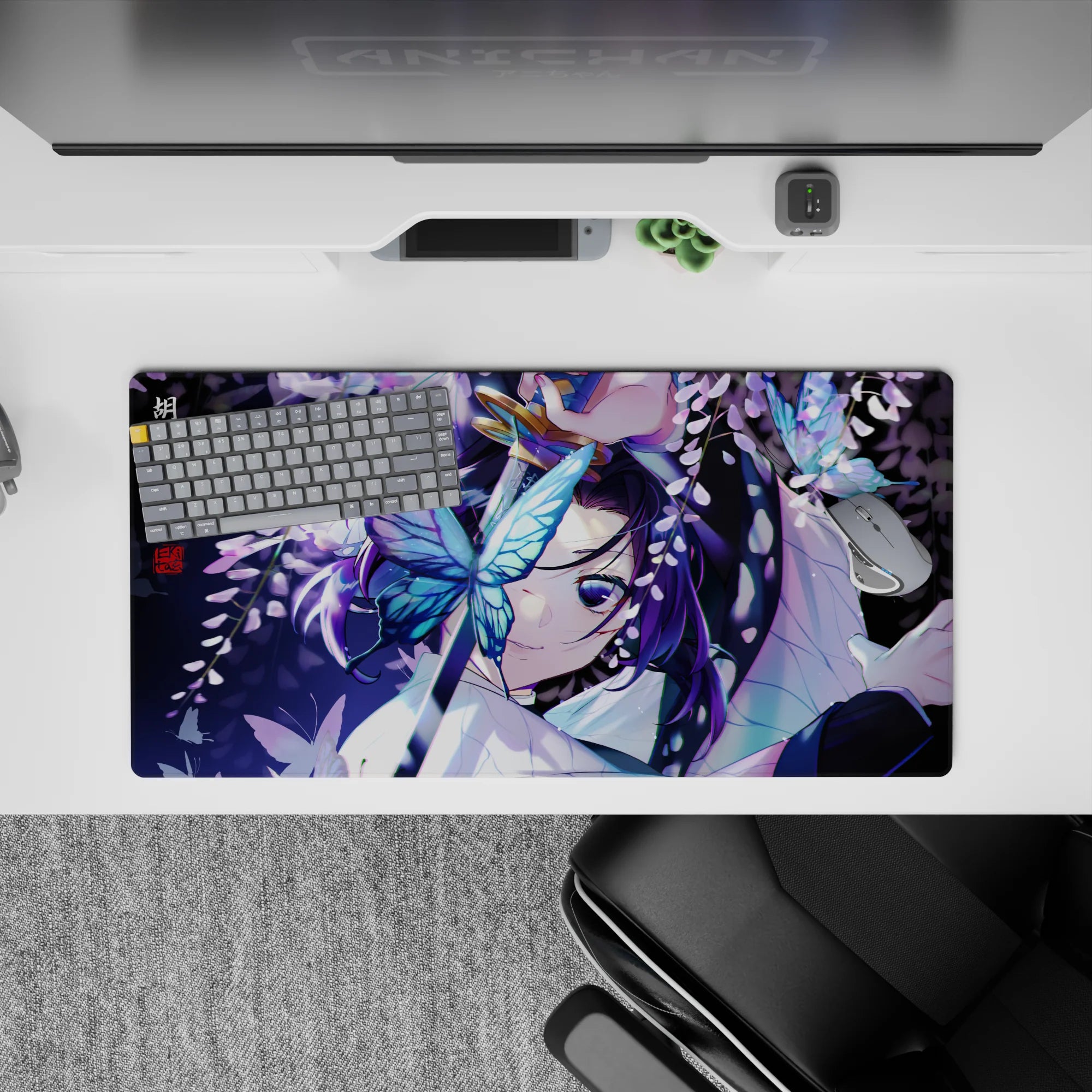 Anime mouse pad 32x16 inches featuring Shinobu Kocho from Demon Slayer, surrounded by butterflies and wisteria.