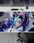 Shinobu Kocho Demon Slayer desk pad 40x20 inches, features glowing butterflies, wisteria, and a calming dusk color palette.