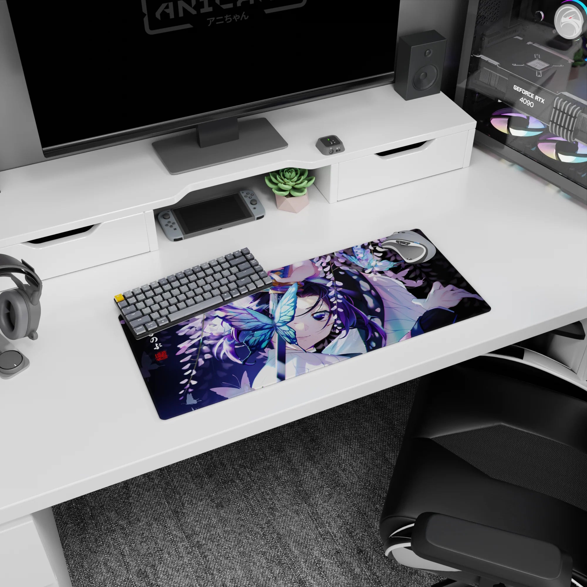 Anime mouse pad 28x12 inches featuring Shinobu Kocho from Demon Slayer, surrounded by glowing butterflies and wisteria.