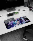 Anime mouse pad 28x12 inches featuring Shinobu Kocho from Demon Slayer, surrounded by glowing butterflies and wisteria.