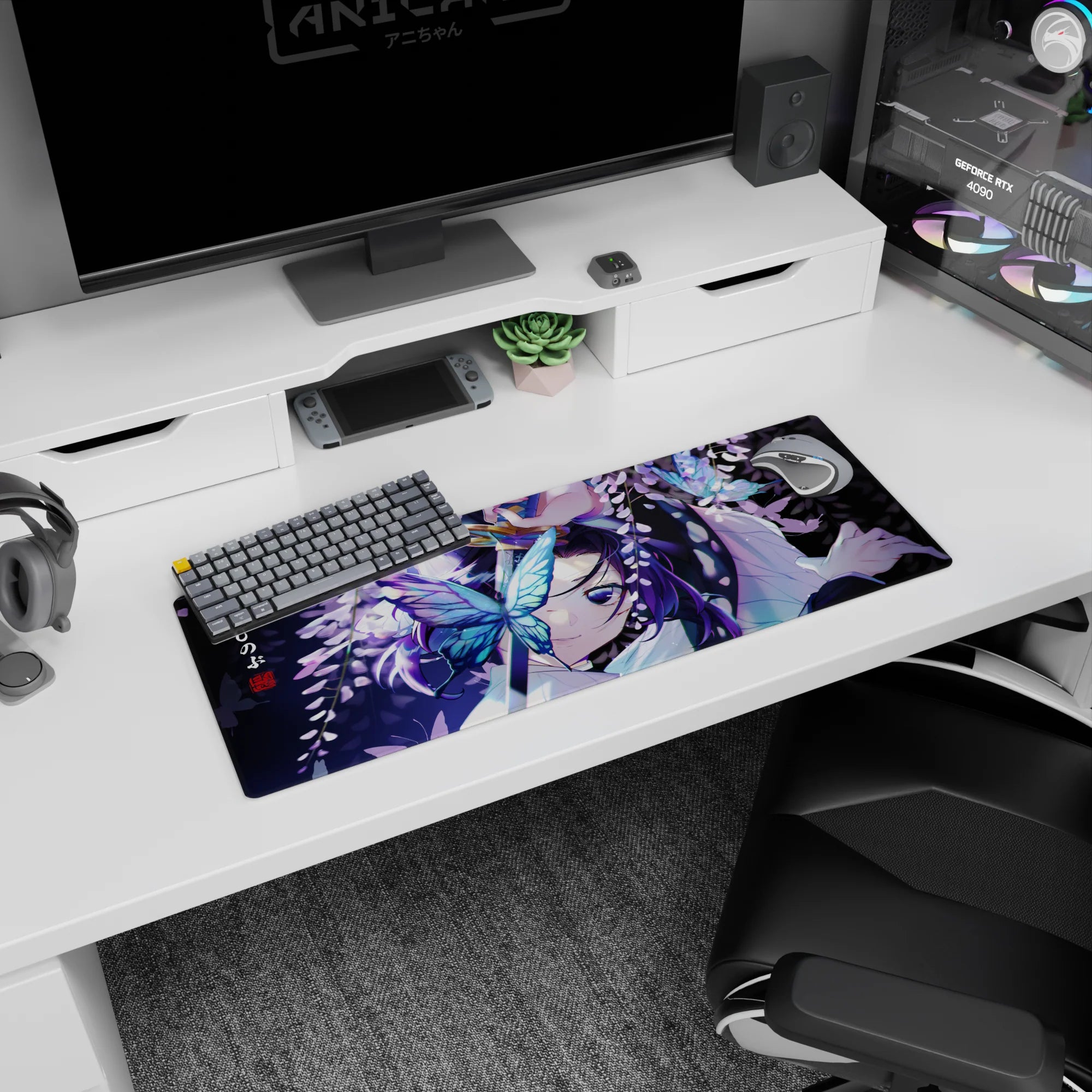 Anime mouse pad 32x12 inches featuring Shinobu Kocho from Demon Slayer, surrounded by butterflies and wisteria.