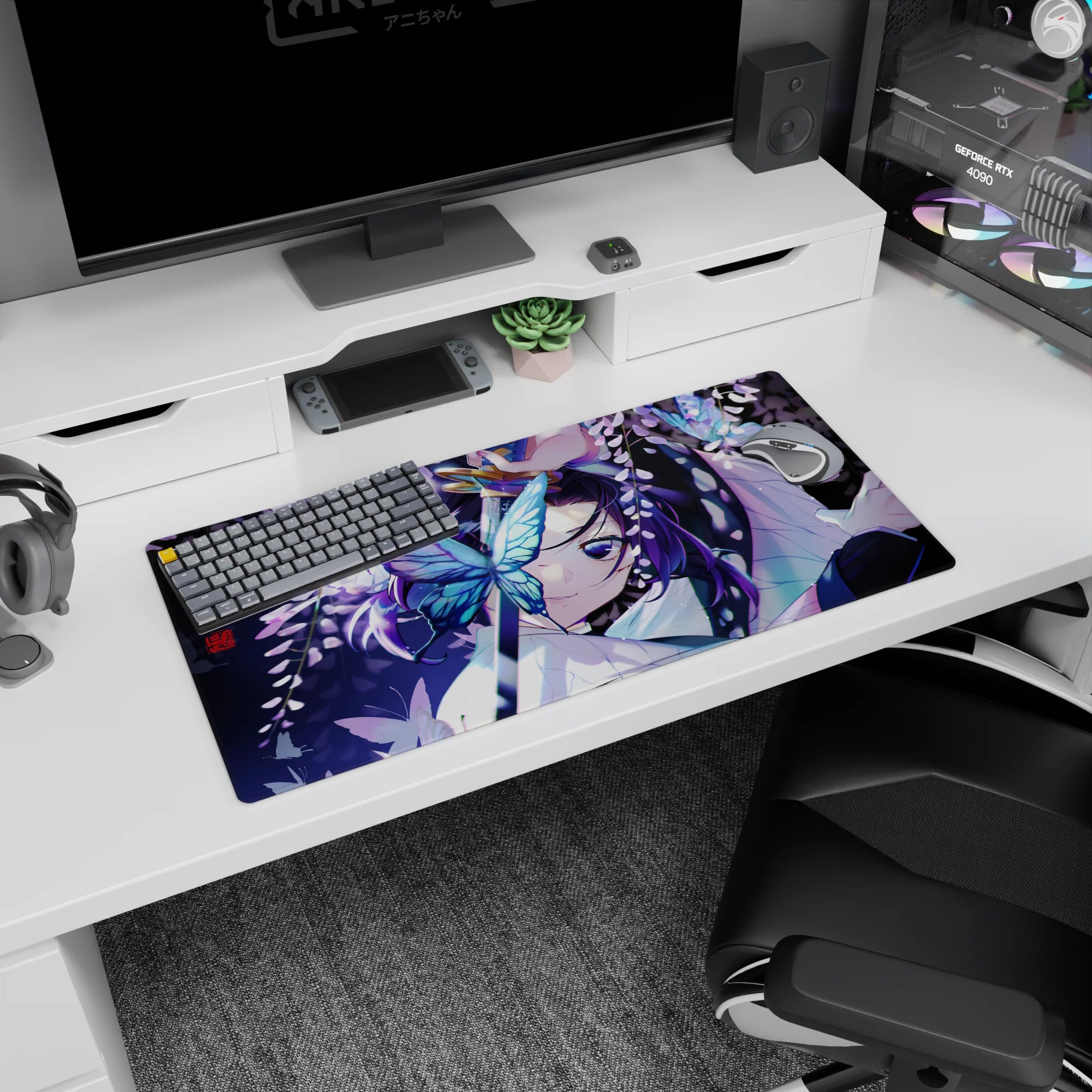 Shinobu Kocho Demon Slayer anime mouse pad, 32x16 inches, featuring glowing butterflies and wisteria in dusk colors.