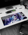 Shinobu Kocho Demon Slayer anime mouse pad, 32x16 inches, featuring glowing butterflies and wisteria in dusk colors.