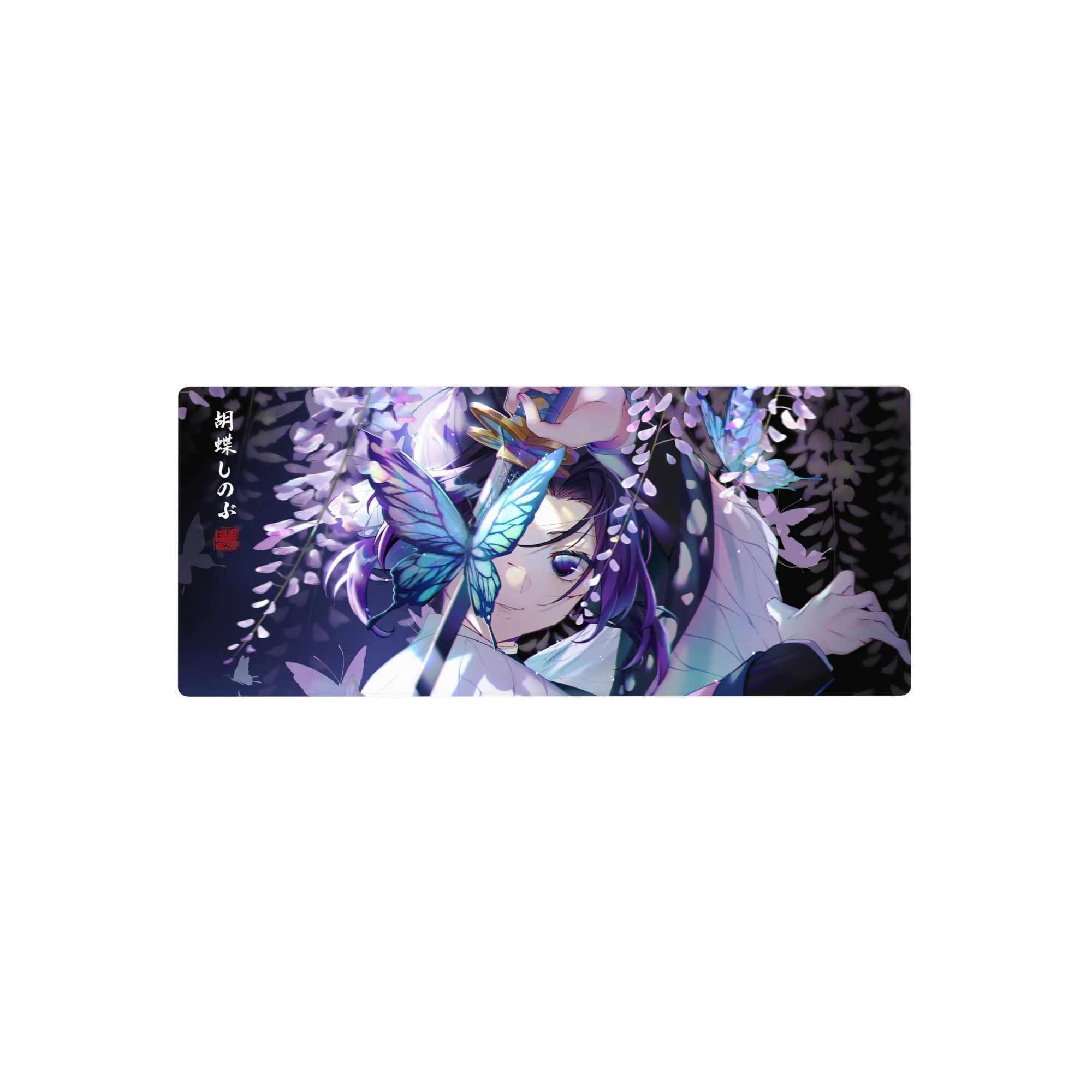 Anime mouse pad 28x12 inches featuring Shinobu Kocho from Demon Slayer, surrounded by glowing butterflies and wisteria.