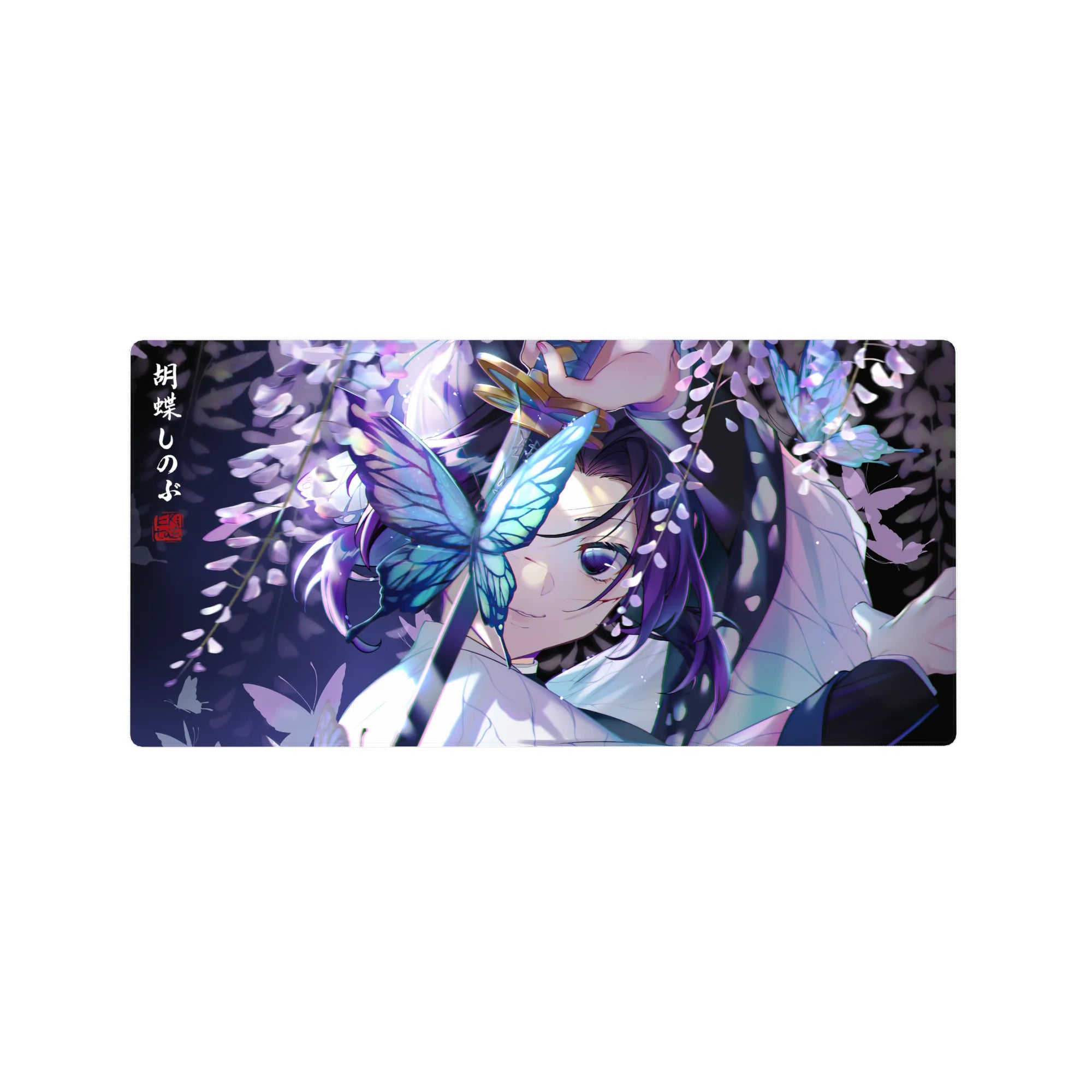 Anime mouse pad 32x16 inches featuring Shinobu Kocho from Demon Slayer, surrounded by glowing butterflies and wisteria.