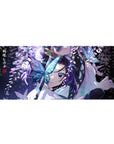 Anime desk pad 36x16 inches featuring Shinobu Kocho from Demon Slayer, surrounded by glowing butterflies and wisteria.