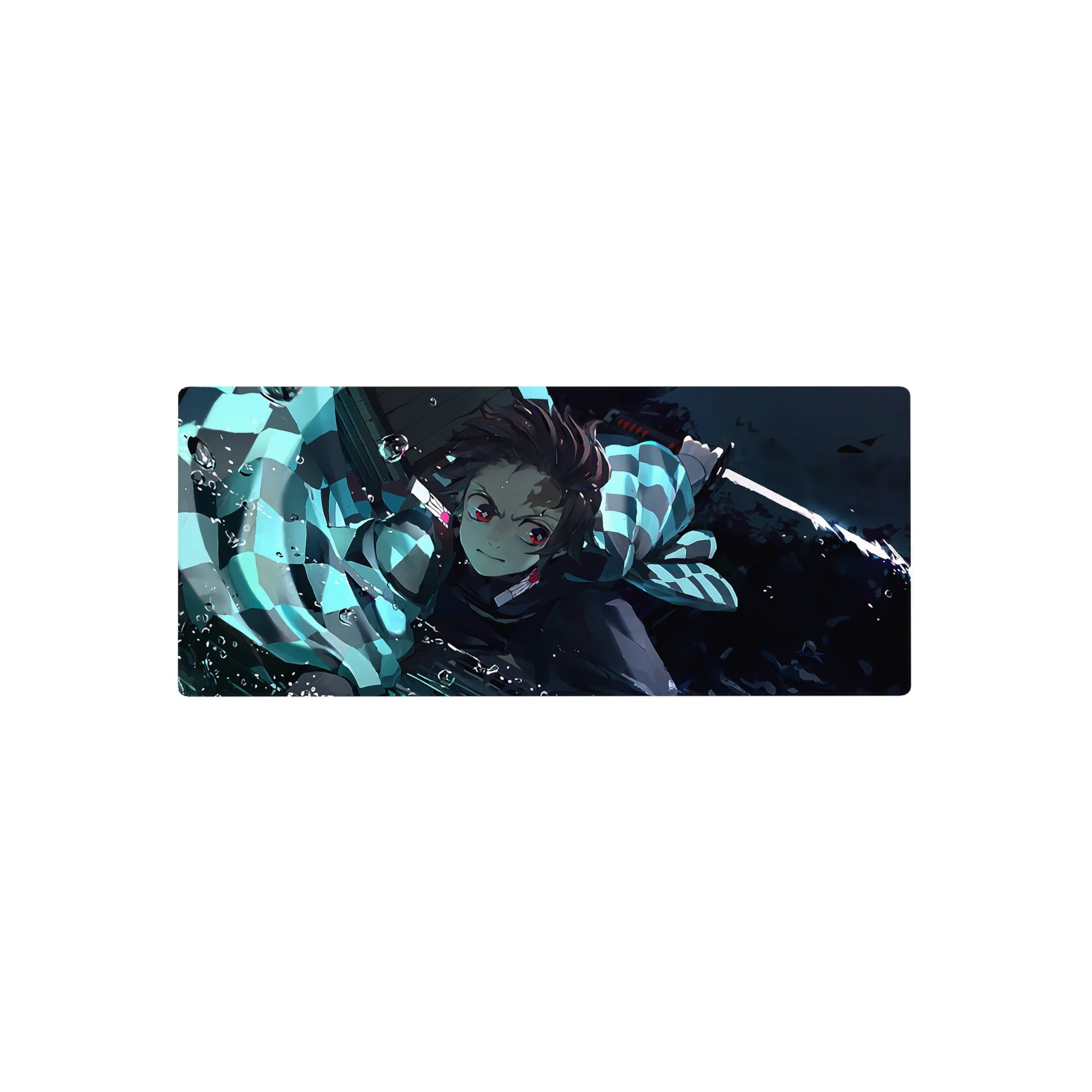 Tanjiro from Demon Slayer anime mouse pad, 28x12 inches, features water-breathing style with cool blues and dynamic action.