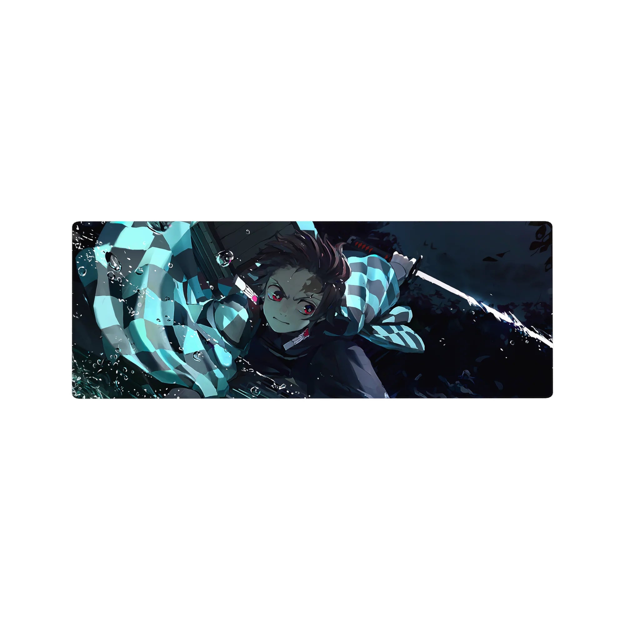 Tanjiro from Demon Slayer mid-strike on 32x12 inch anime mouse pad, vivid water-breathing style in blues and lights.