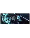 Tanjiro from Demon Slayer mid-strike on 32x12 inch anime mouse pad, vivid water-breathing style in blues and lights.
