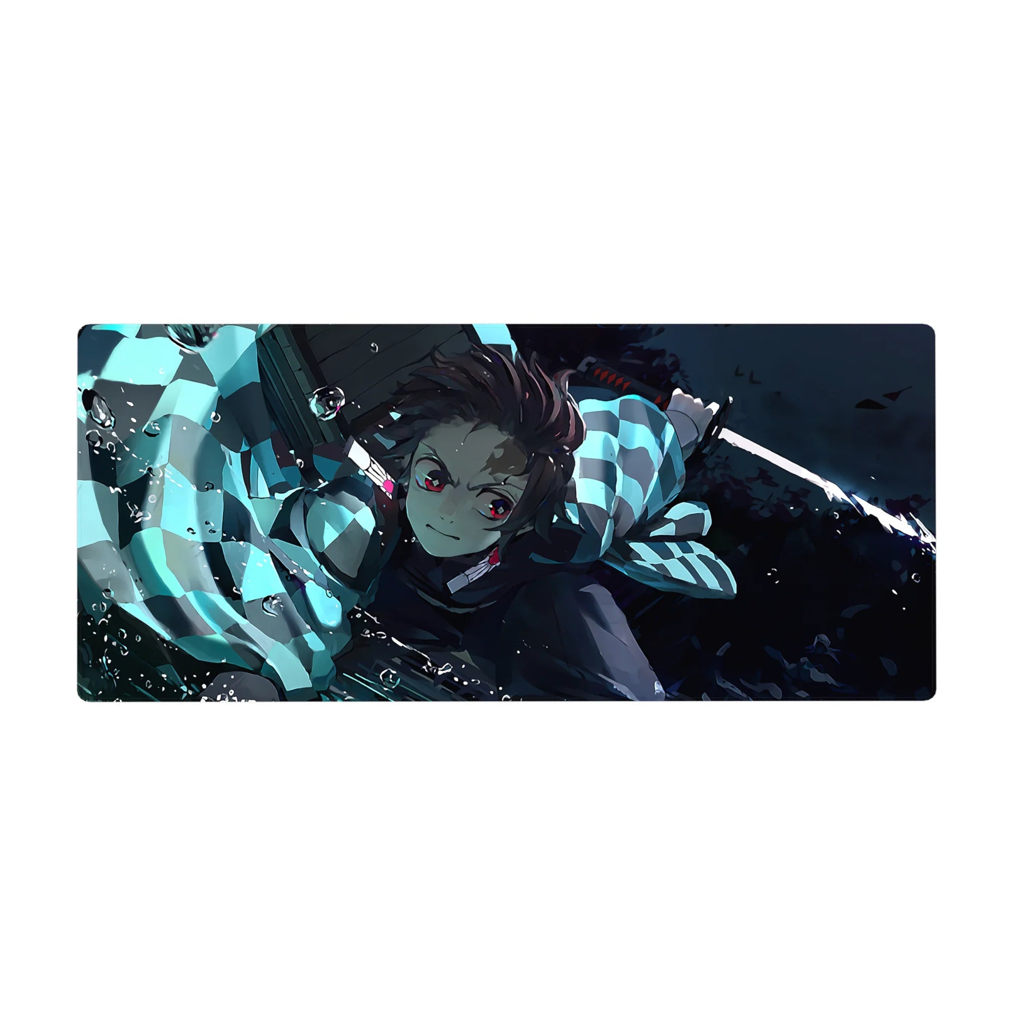 Tanjiro from Demon Slayer on a 36x16 inch anime desk pad, showcasing his water-breathing style with vivid blues and dynamic action.