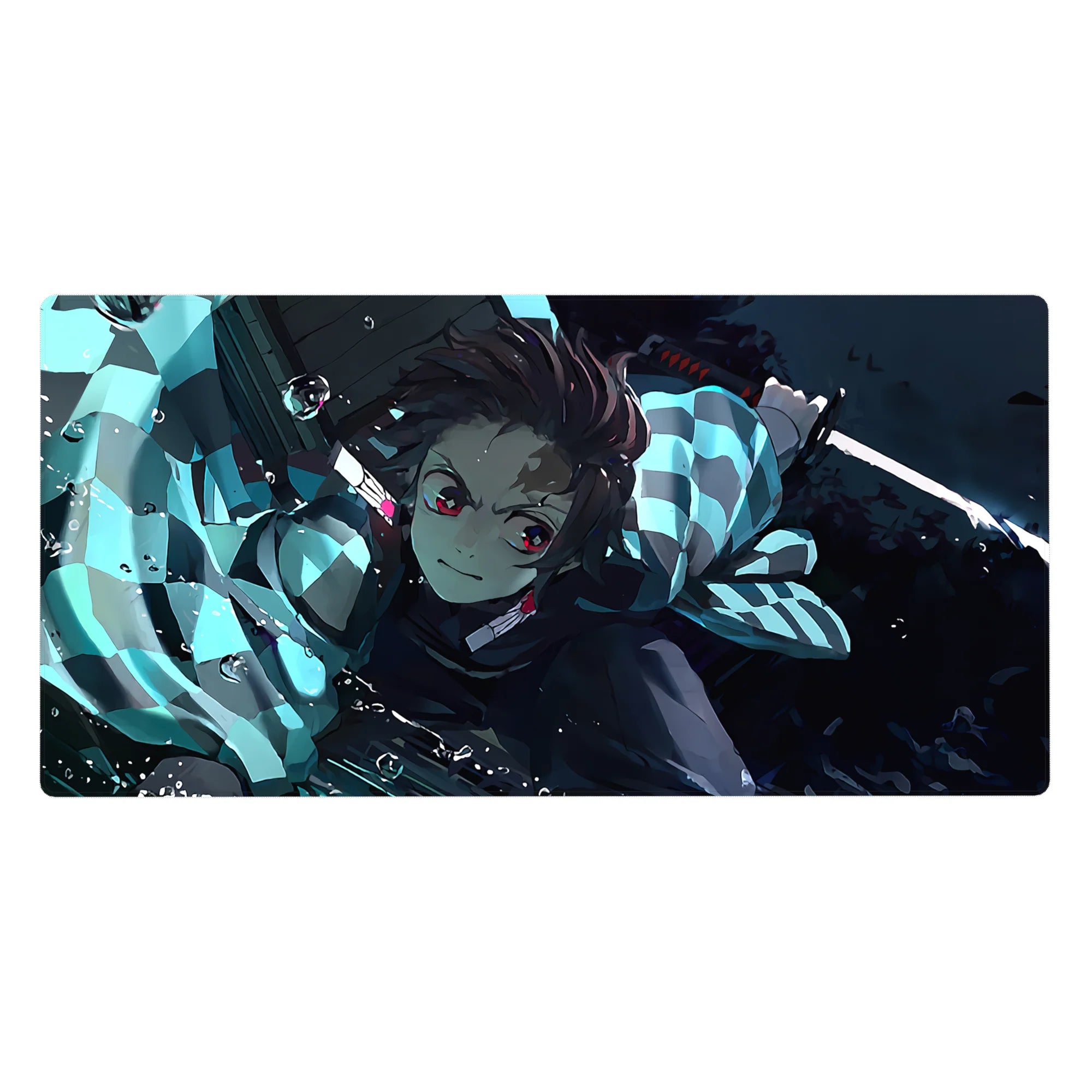 Tanjiro from Demon Slayer on a 40x20 inch anime desk pad, showcasing his water-breathing style in vivid blues and light.