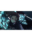 Tanjiro from Demon Slayer on a 40x20 inch anime desk pad, showcasing his water-breathing style in vivid blues and light.
