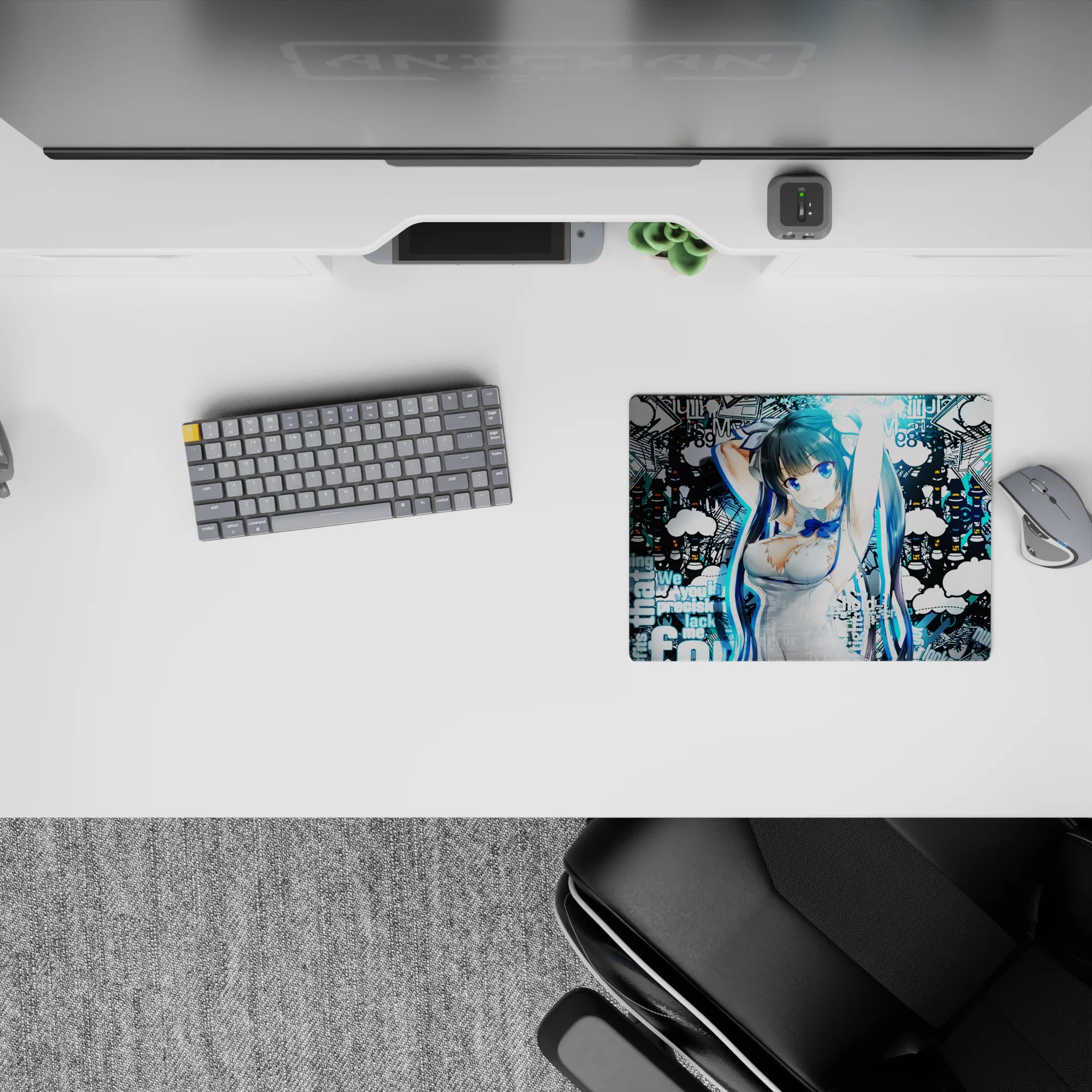 Cyan and black graffiti anime mouse pad 14x10 inches, vibrant urban vibe with crisp print and smooth glide.