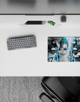 Cyan and black graffiti anime mouse pad 14x10 inches, vibrant urban vibe with crisp print and smooth glide.