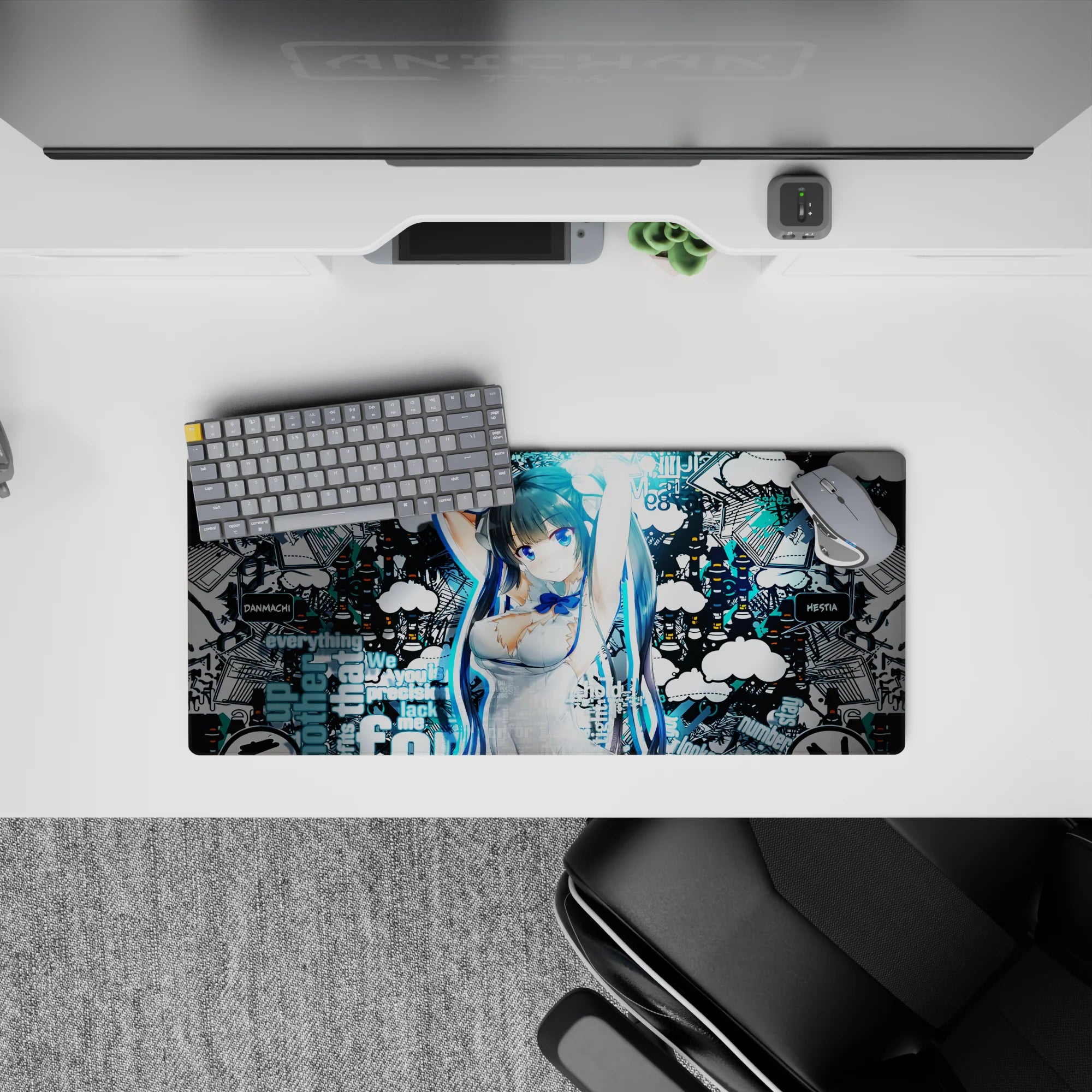 28x12 inches anime girl mouse pad in electric cyan and deep black, edgy urban vibe, crisp print.