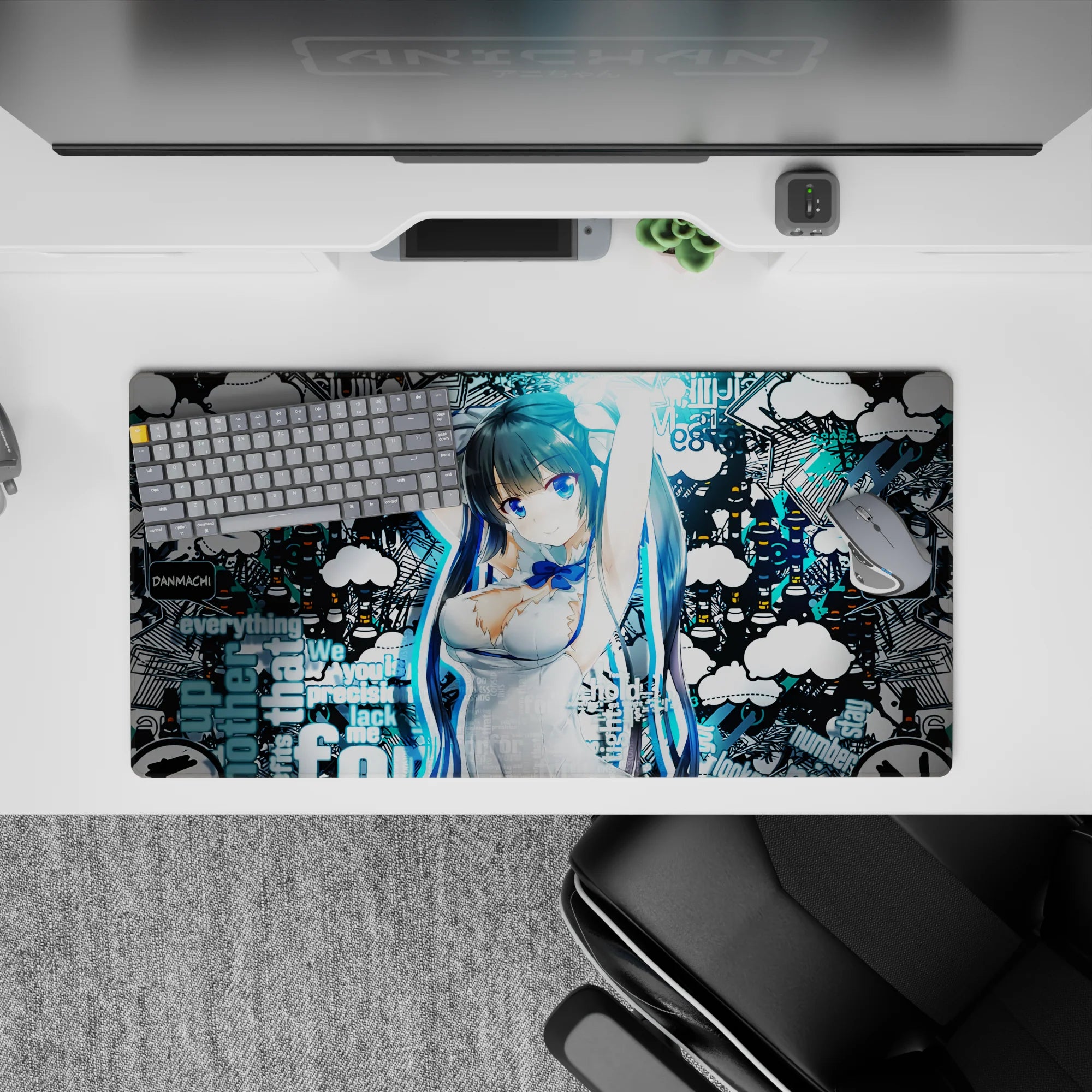 32x16 inches anime girl mouse pad in electric cyan and deep black, bold urban vibe with crisp print.
