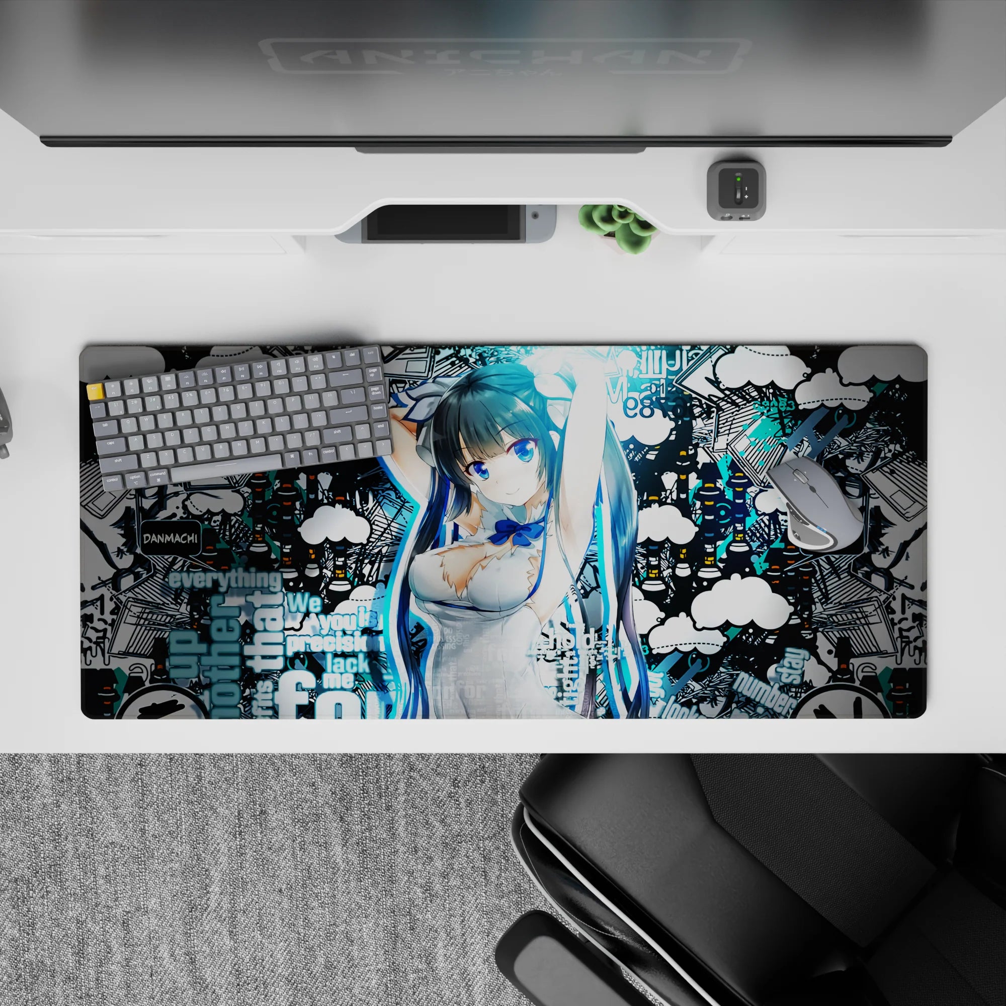 36x16 inches desk pad in electric cyan and deep black, punchy graffiti vibe with crisp anime art.