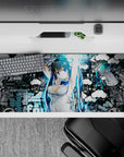 36x16 inches desk pad in electric cyan and deep black, punchy graffiti vibe with crisp anime art.