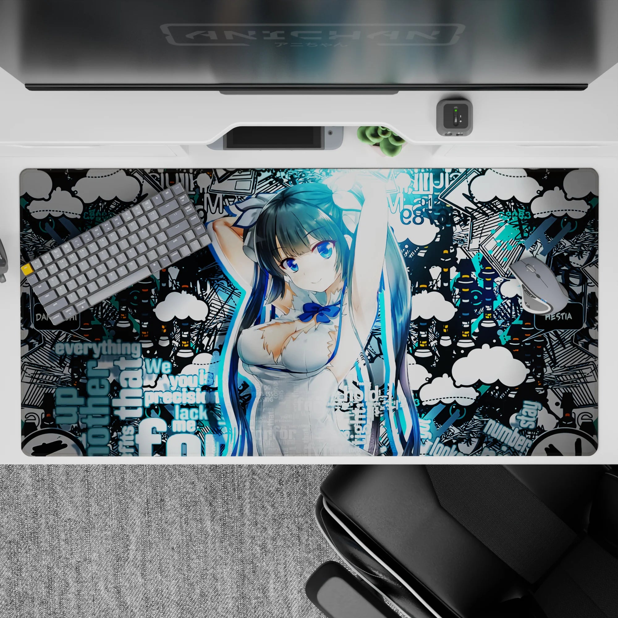 40x20 inches desk pad in electric cyan and deep black, edgy urban mood with bright blue-eyed anime art.