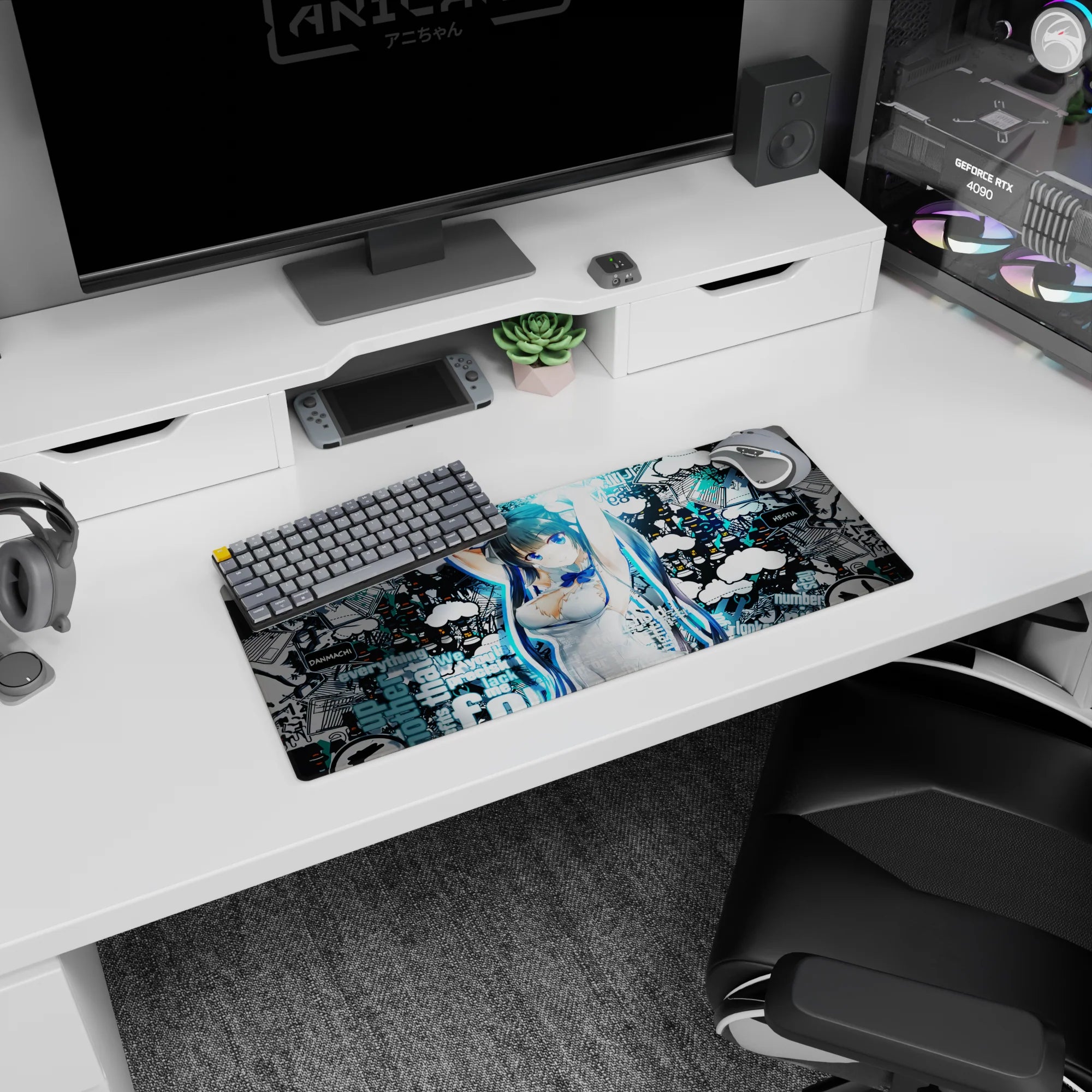 28x12 inches DanMachi Hestia mouse pad with bright blue eyes, ribbon, twin tails, bold graffiti backdrop.
