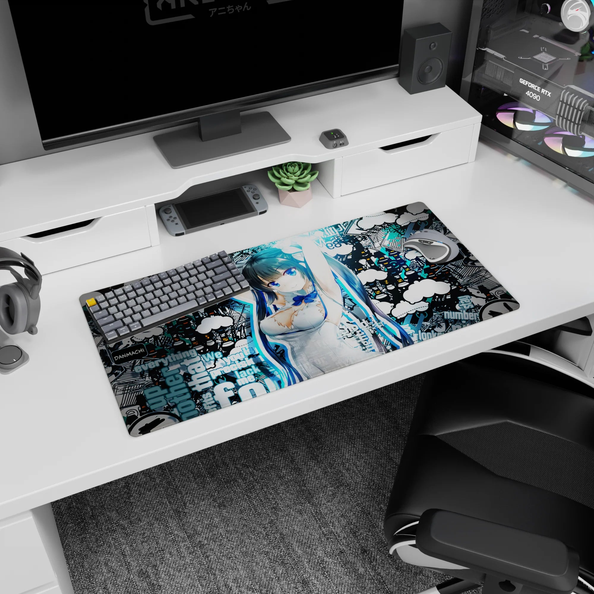 32x16 inches Hestia DanMachi anime girl mouse pad, blue-eyed pose with ribbon and twin tails.