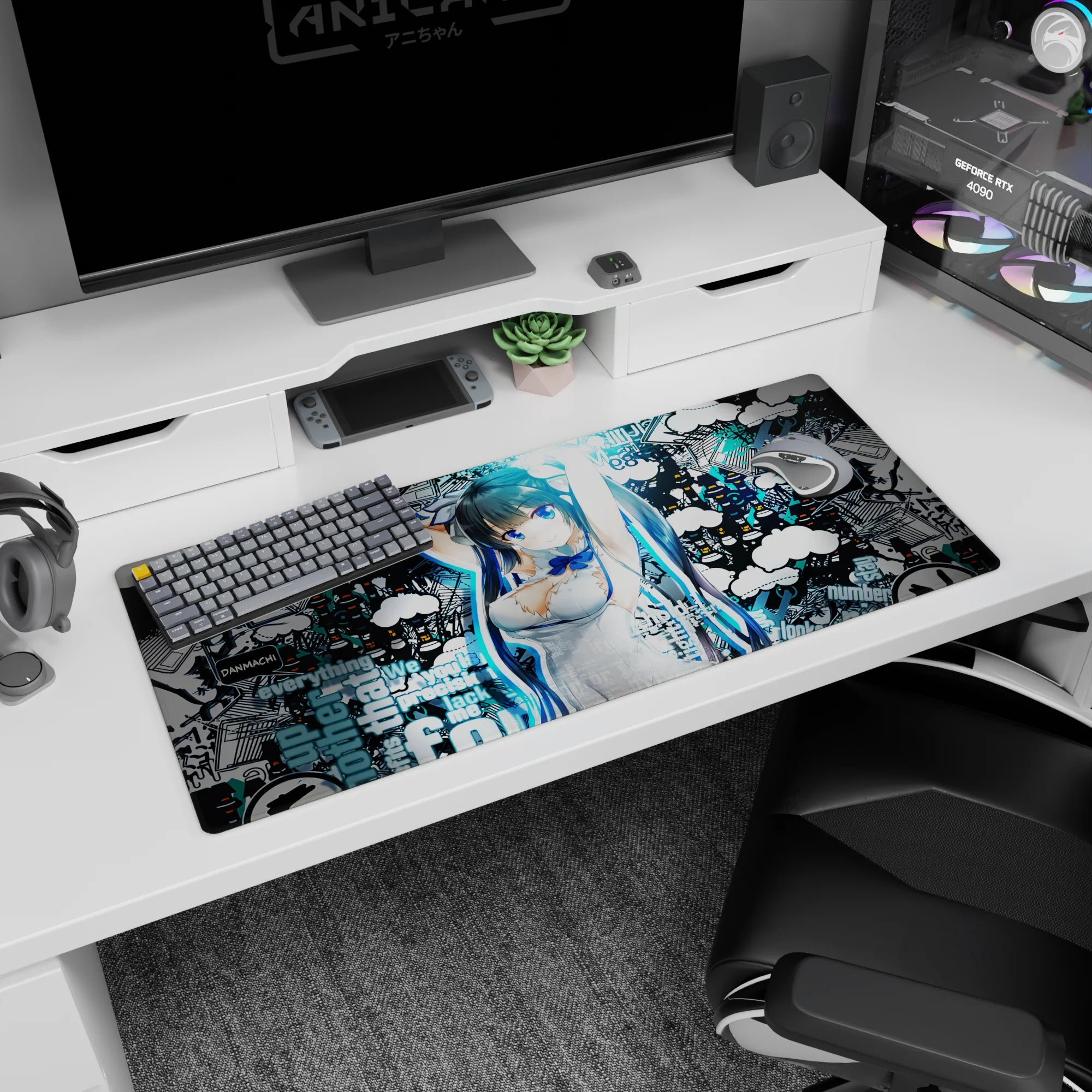 36x16 inches anime girl desk pad featuring Hestia from DanMachi, bright blue eyes, ribbon, and twin tails.