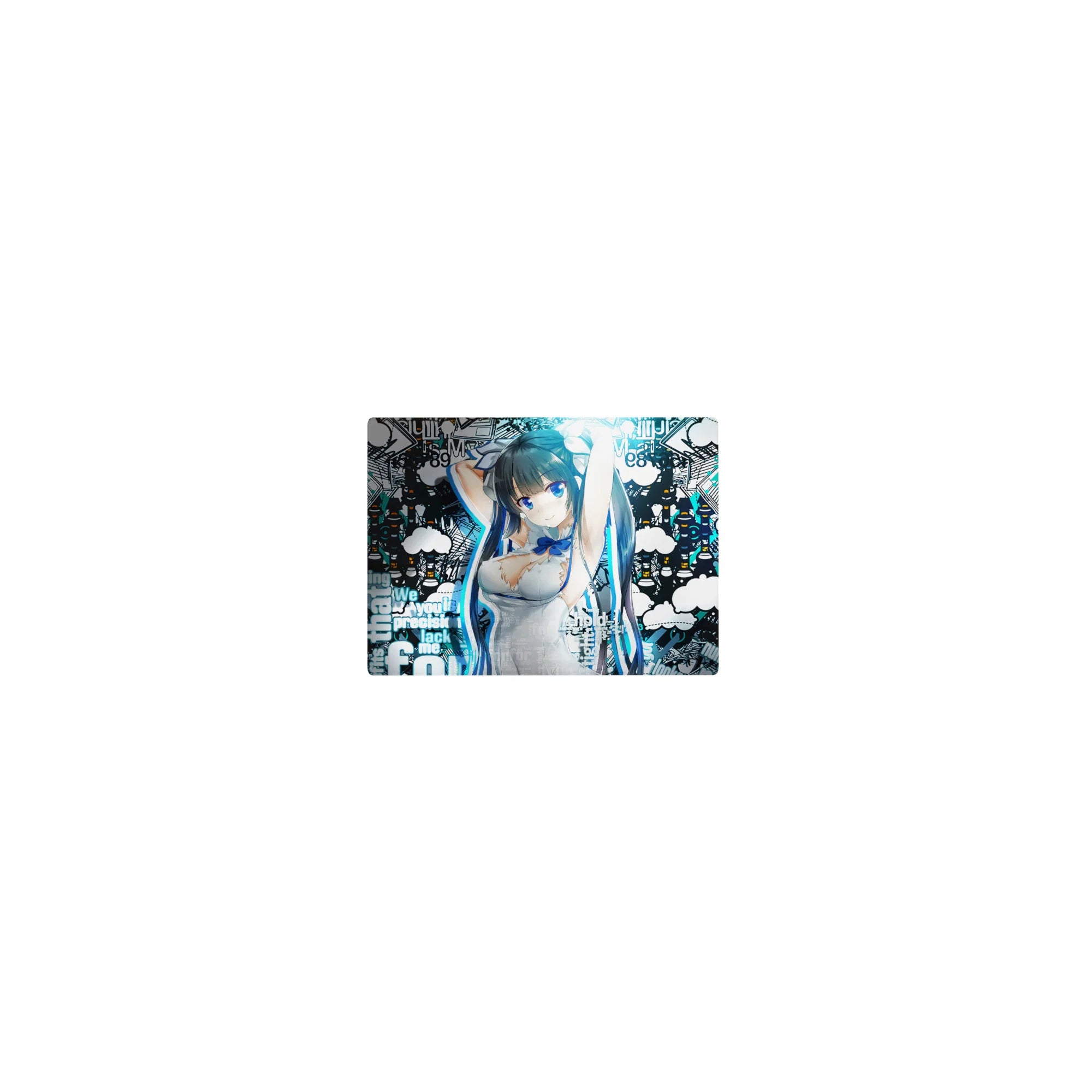 Classic anime girl mouse pad 14x10 inches with graffiti clouds, street text, and city sketch lines.