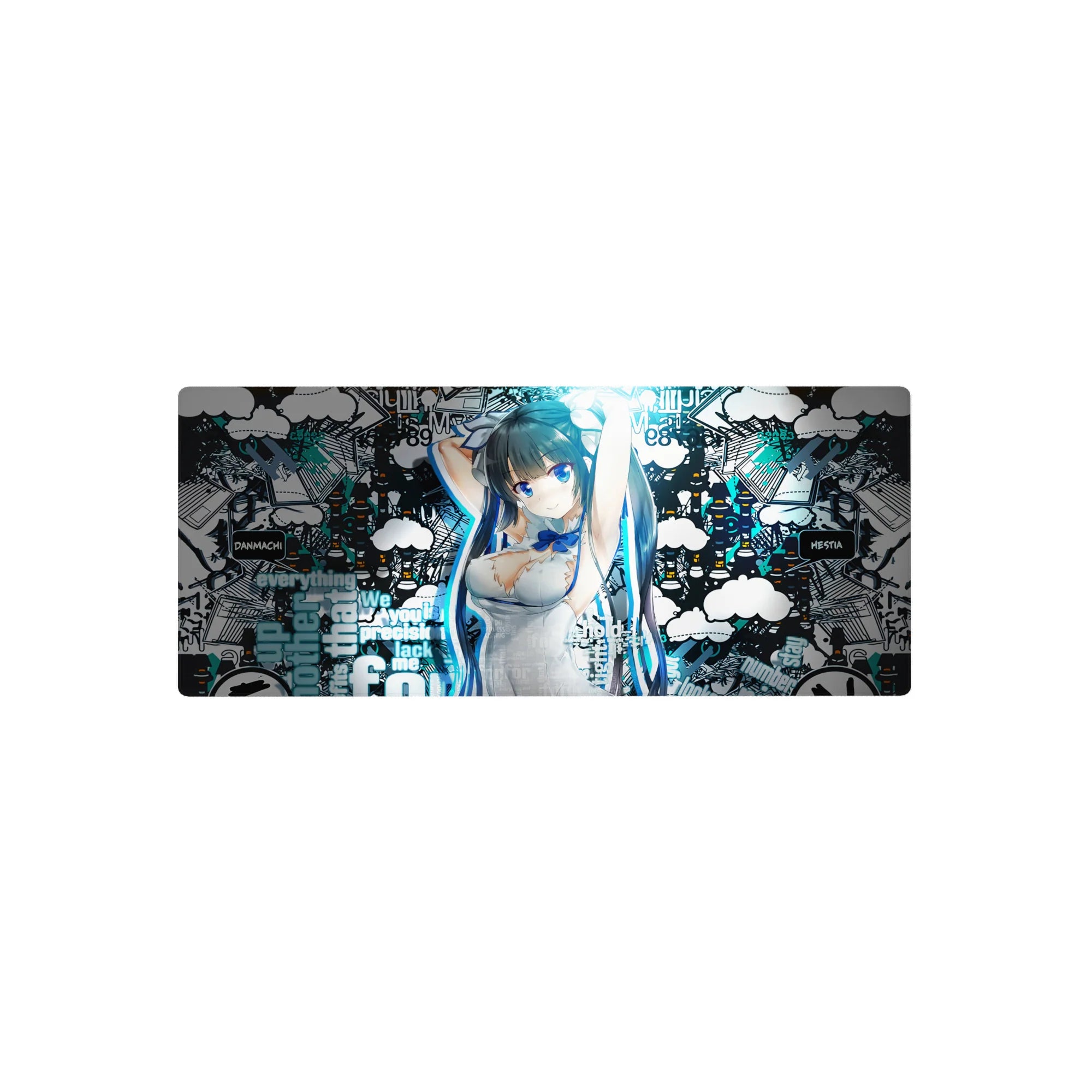 28x12 inches anime girl mouse pad with graffiti clouds, street text, and sketchy city line art.