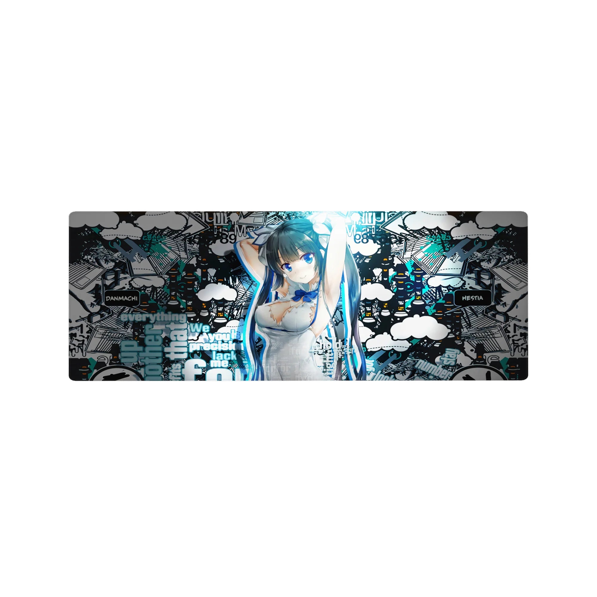 32x12 inches anime girl mouse pad with graffiti clouds, street text, and sketchy city line art.