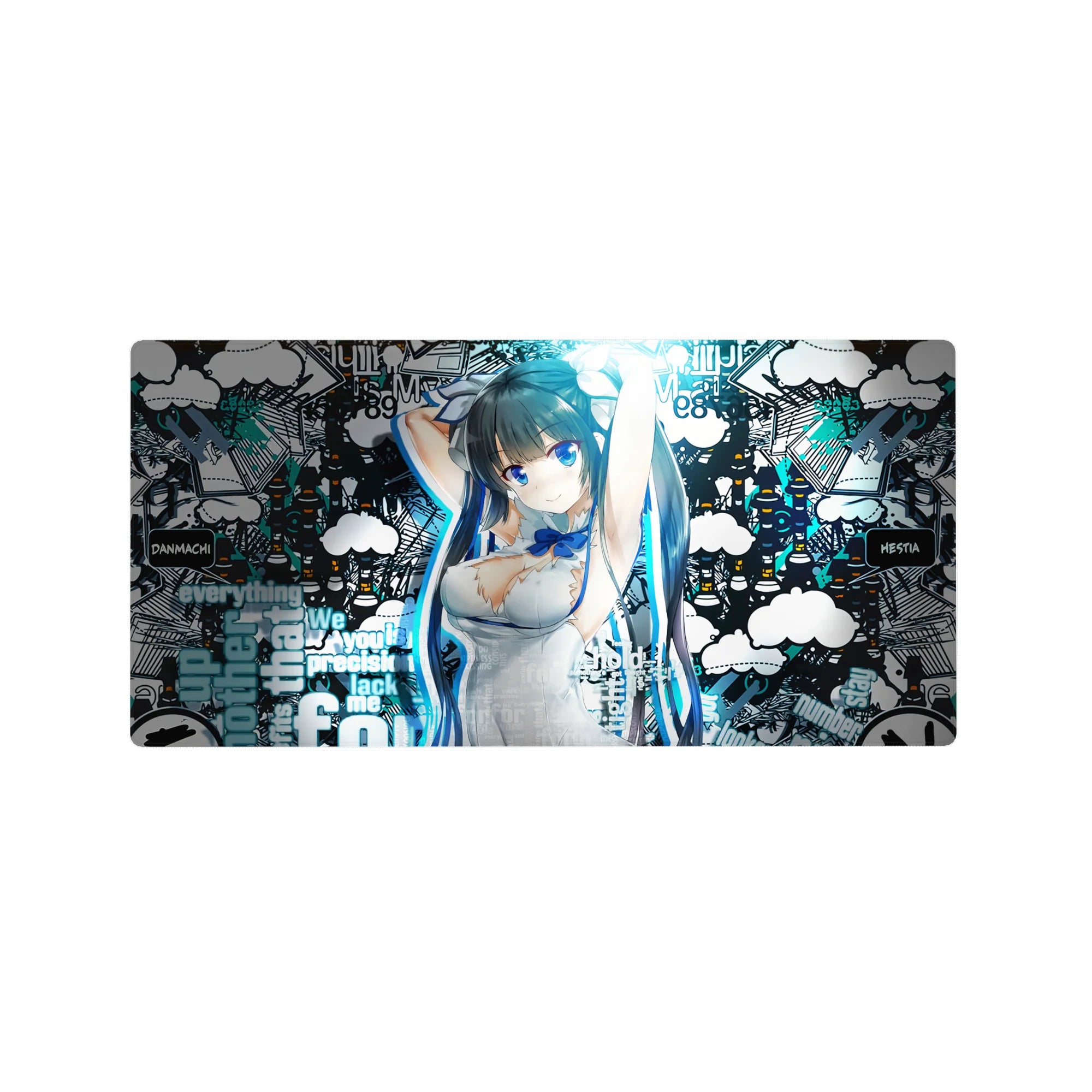 32x16 inches anime girl mouse pad with graffiti clouds, street text, and sketchy city line art backdrop.
