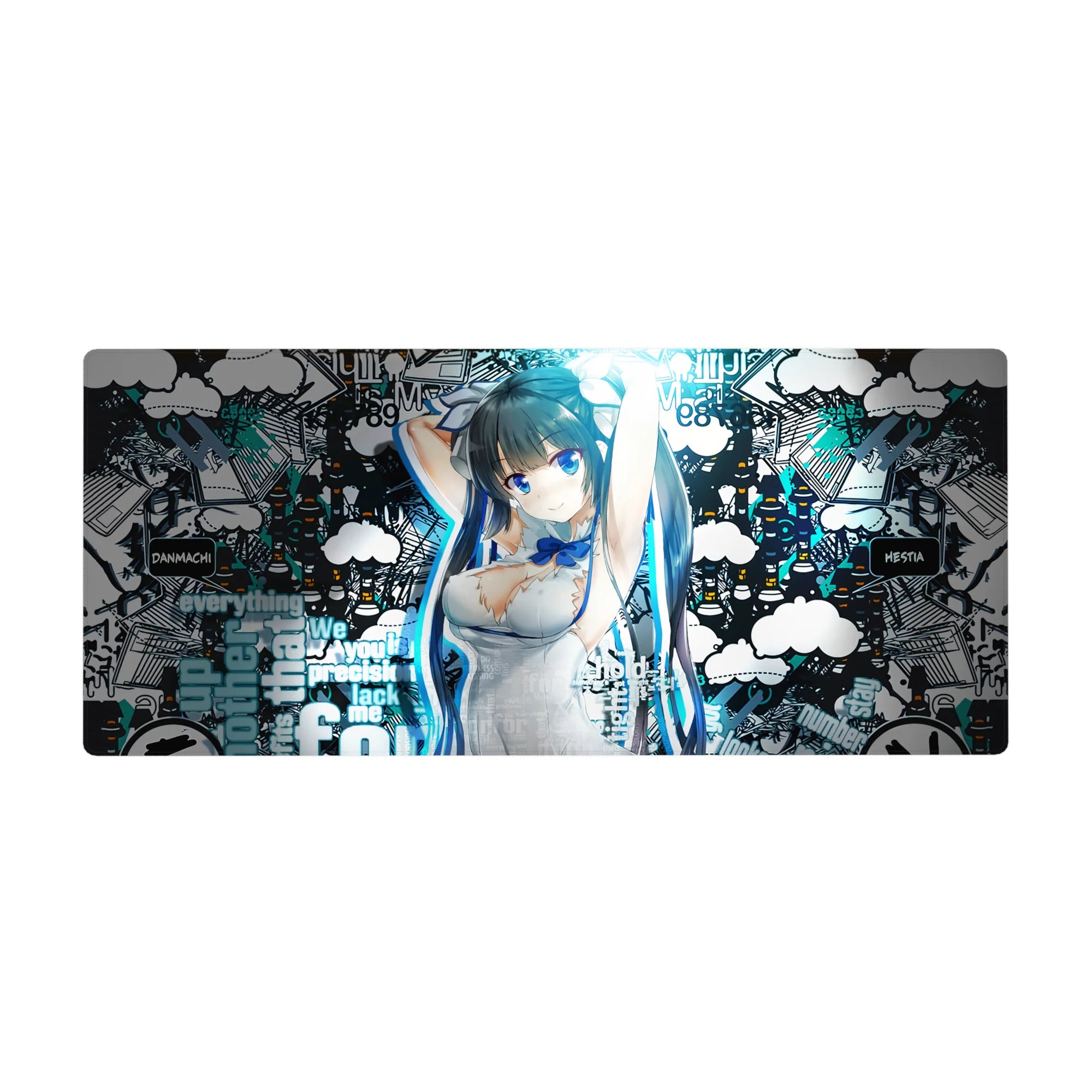 36x16 inches anime girl desk pad with Hestia pose, graffiti clouds, street text, and city sketch lines.