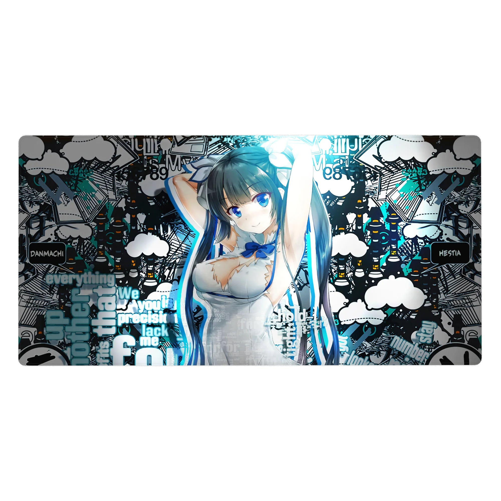 40x20 inches anime girl desk pad with graffiti clouds, street text, and sketchy city lines, crisp print.