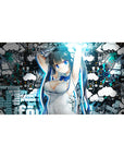 40x20 inches anime girl desk pad with graffiti clouds, street text, and sketchy city lines, crisp print.