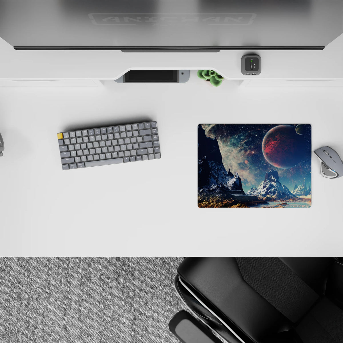 Moody navy and teal galaxy haze mouse pad with speckled stars, 14x10 inches.