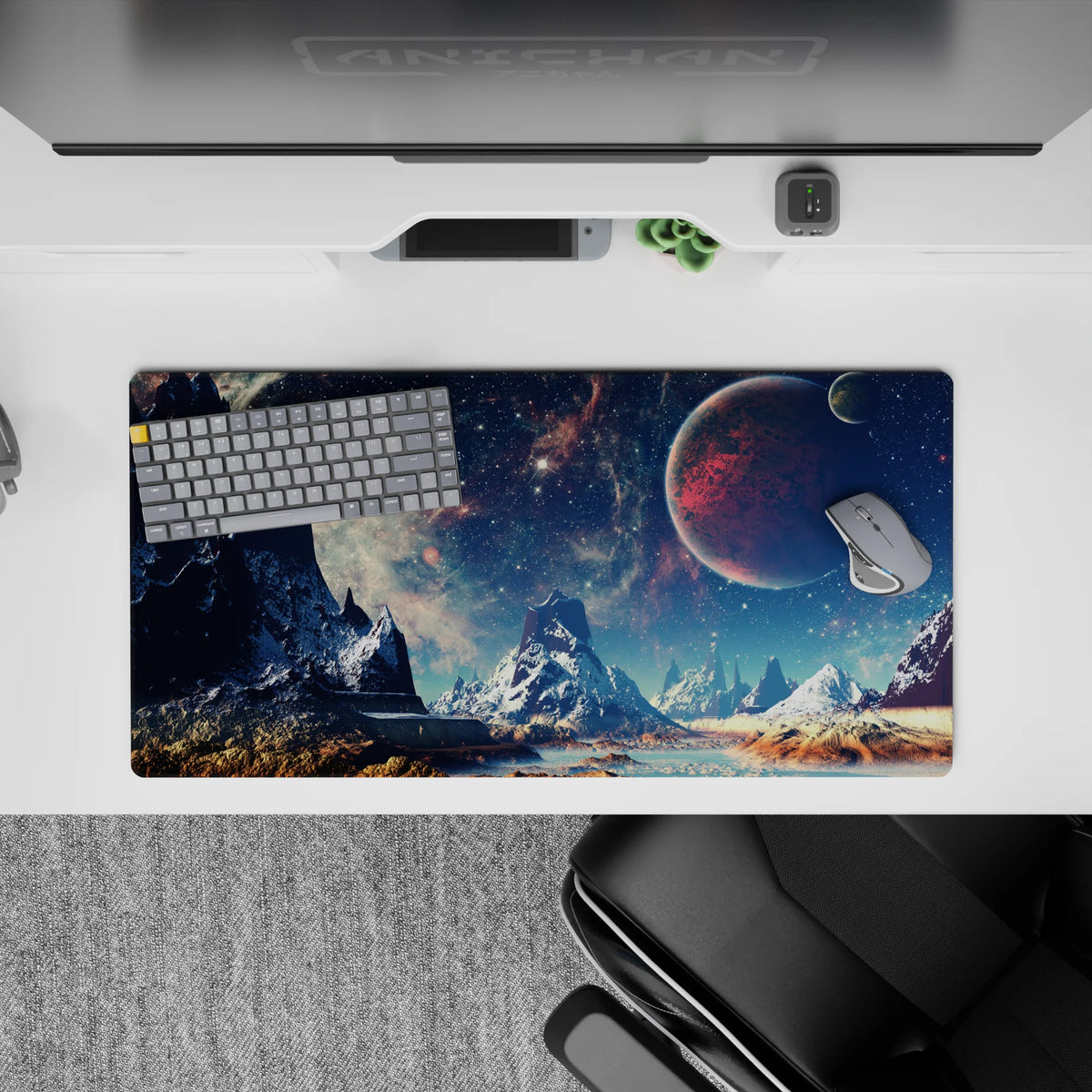Cool navy and teal galaxy haze mouse pad 32x16 inches, calm moody space gradient with speckles.