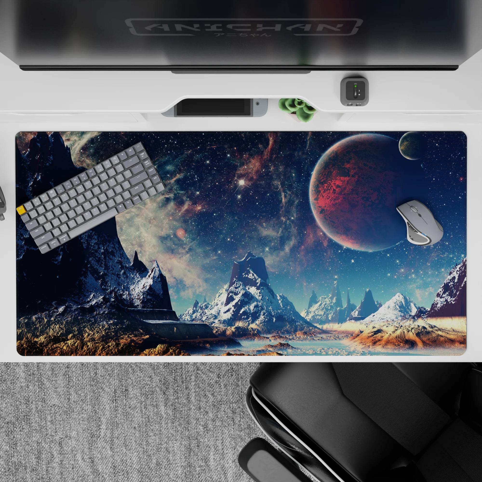 Moody navy and teal galaxy desk pad 40x20 inches with dreamy gradients and calm, dark silhouettes.