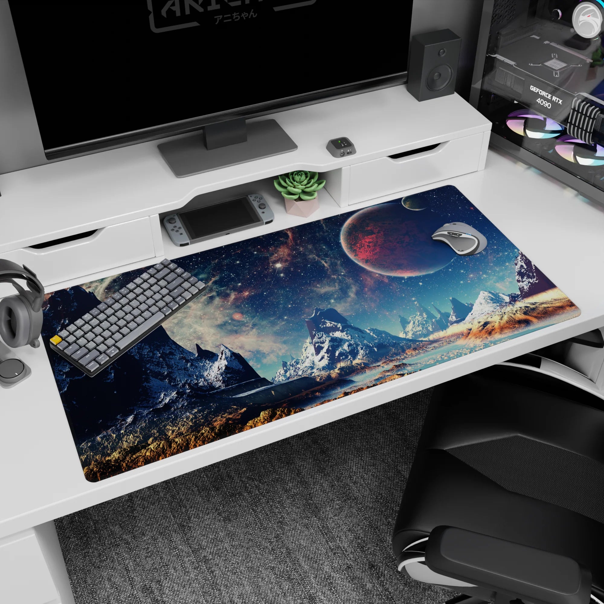 Icy peaks under a star-speckled sky desk pad 40x20 inches featuring a crimson planet in deep space.