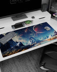 Icy peaks under a star-speckled sky desk pad 40x20 inches featuring a crimson planet in deep space.