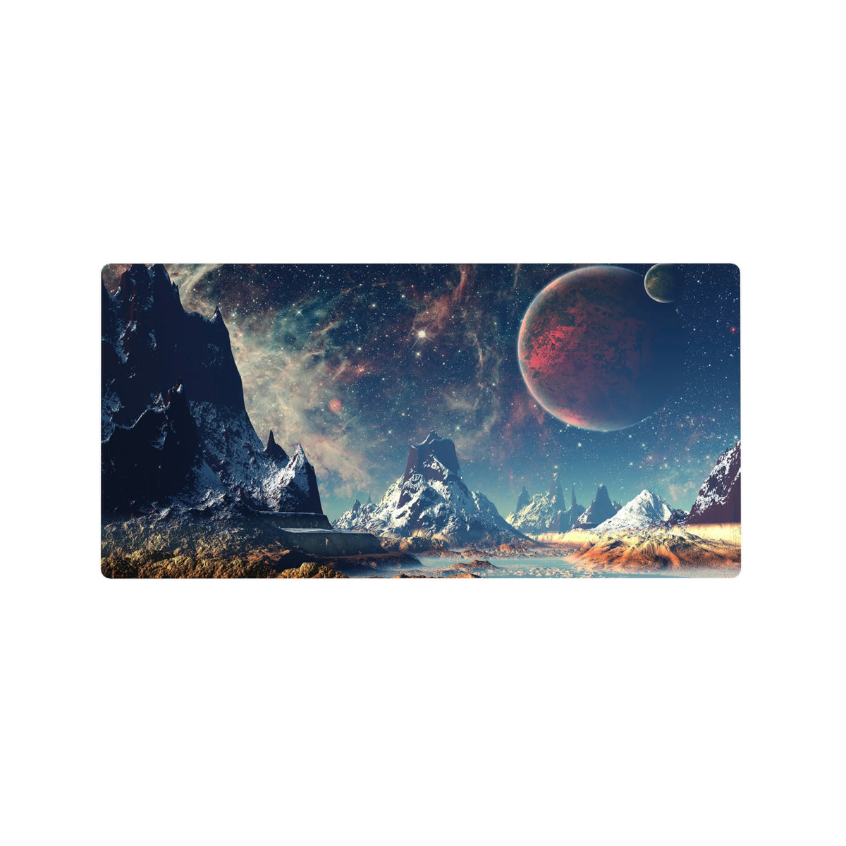 Cosmic mountain landscape desk mouse pad 32x16 inches with starry sky and distant red planet.